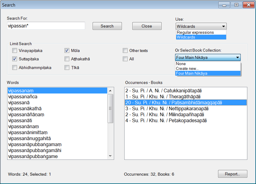 Search using Wildcards or Regular Expressions Search Dialogue