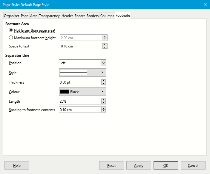 Page Style Dialogue: Footnotes Tab Page Style Dialogue: Footnotes Tab