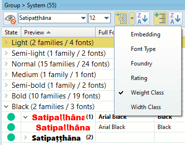 Fonts that don't support all characters typed in the Preview Text field are highlighted in Red
